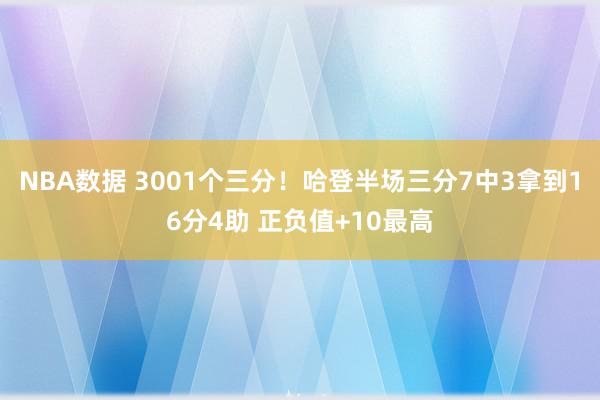 NBA数据 3001个三分！哈登半场三分7中3拿到16分4助 正负值+10最高